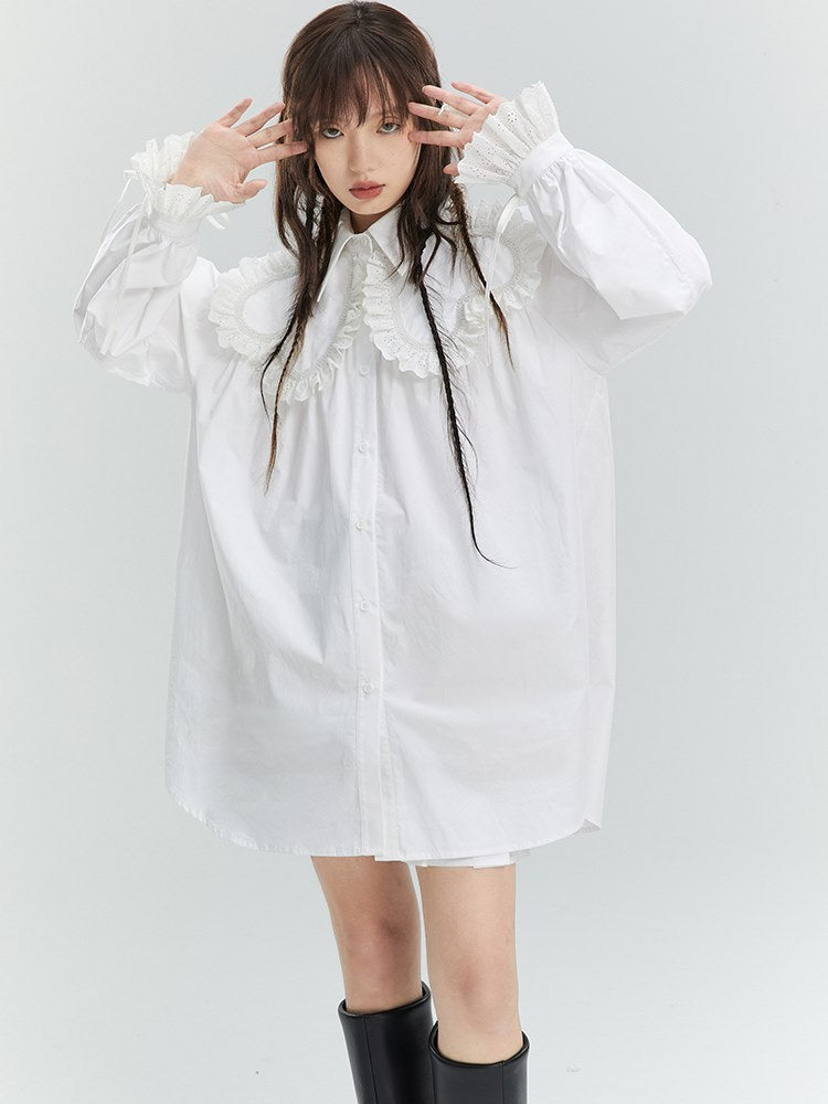 Frill Lace Loose Drawstring Shirt ONEPIECE