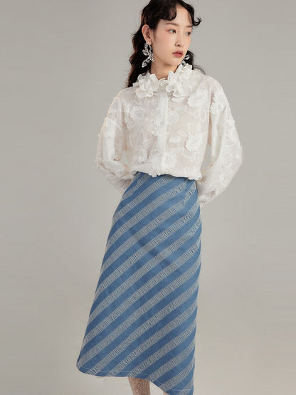 Nichi Retro High-waist Denim Stripe Skirt