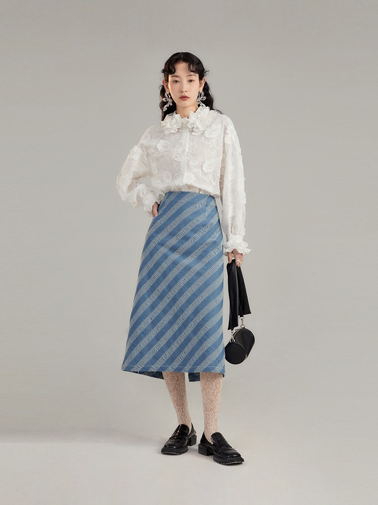 Nichi Retro High-waist Denim Stripe Skirt