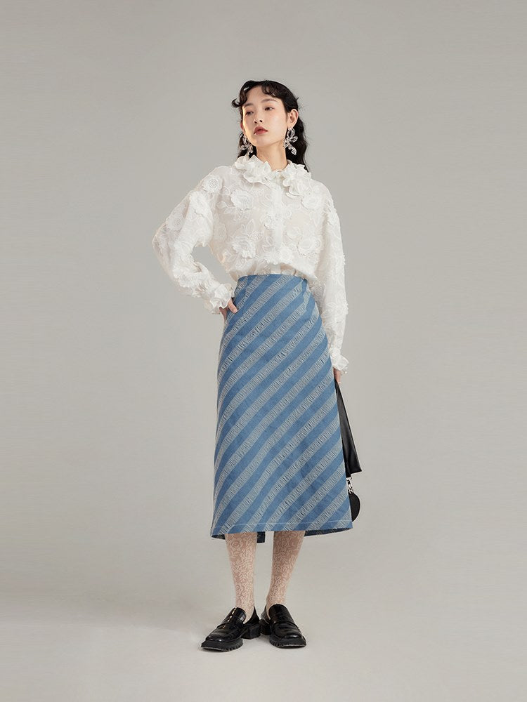 Nichi Retro High-Waist Denim Stripe Skirt