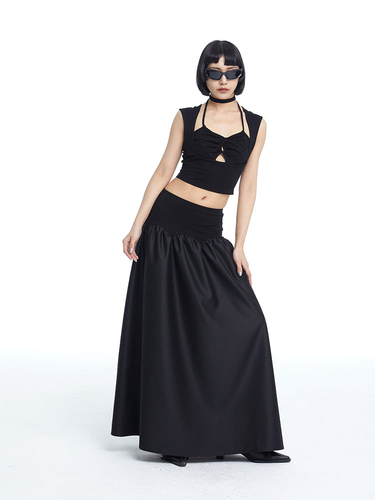 2way Plain Flare Bare-tops Long-Skirt