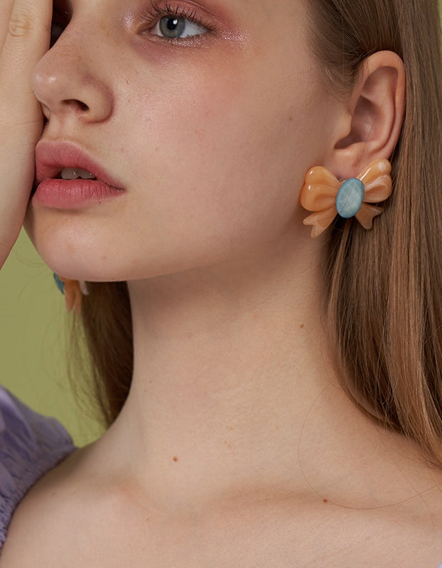 Smudged Asymmetric Big Bow Earrings