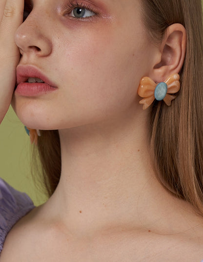 Smudged Asymmetric Big Bow Earrings