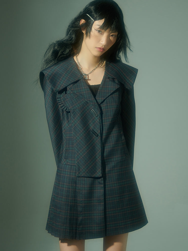 Grily Plaid Frill Pleats Jacket