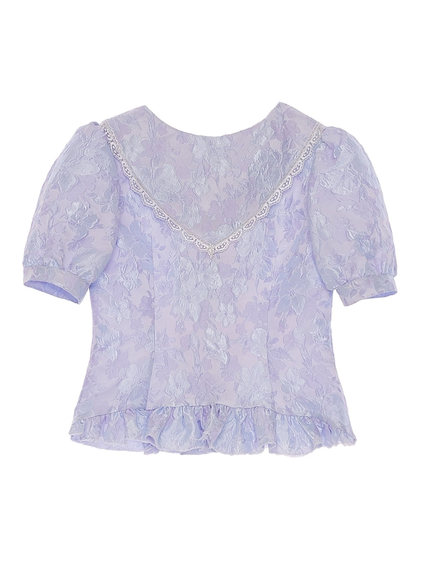 Lace Puff-Sleeve EMBROIDERY FLOWER PEPLUM BLOUSE