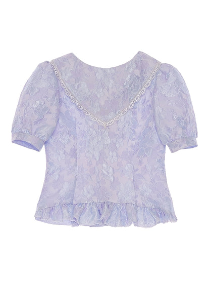 Lace Puff-Sleeve EMBROIDERY FLOWER PEPLUM BLOUSE