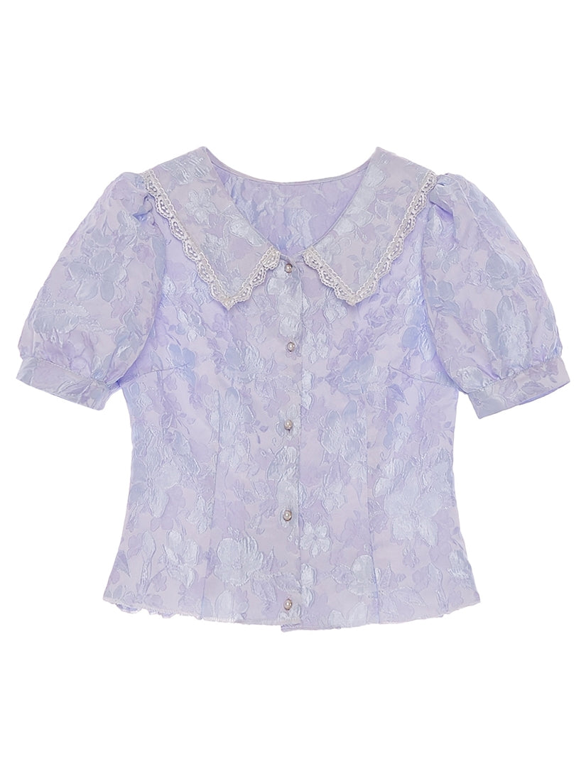 Lace Puff-sleeve Embroidery Flower Peplum Blouse