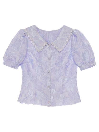 Lace Puff-Sleeve EMBROIDERY FLOWER PEPLUM BLOUSE