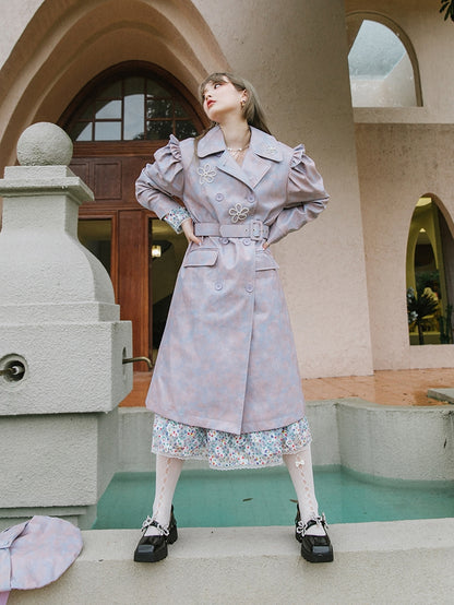 Leather Flower Puff-Sleeves Princess Marble Long-Coat