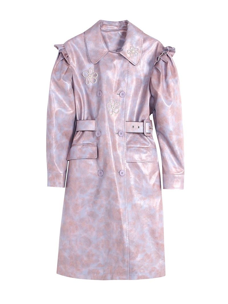 Leather Flower Puff-Sleeves Princess Marble Long-Coat