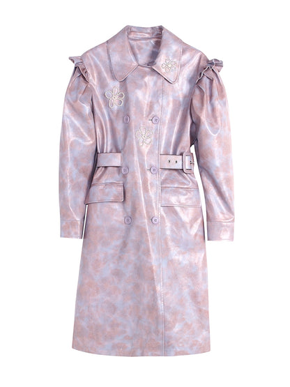 Leather Flower Puff-Sleeves Princess Marble Long-Coat