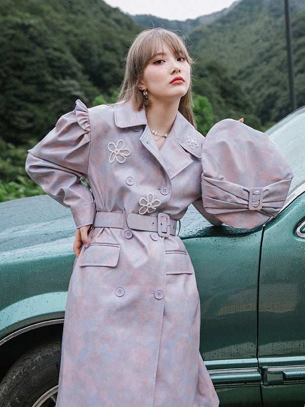 Leather Flower Puff-Sleeves Princess Marble Long-Coat