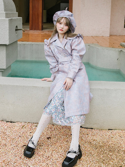 Leather Flower Puff-Sleeves Princess Marble Long-Coat