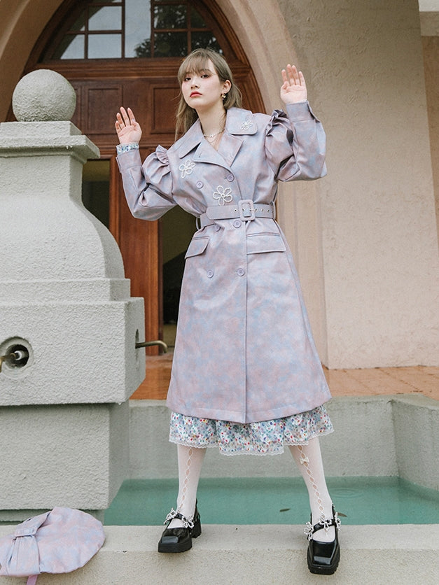 Cuir Flower Puff-Sheeves Princess Marble Long-Coat