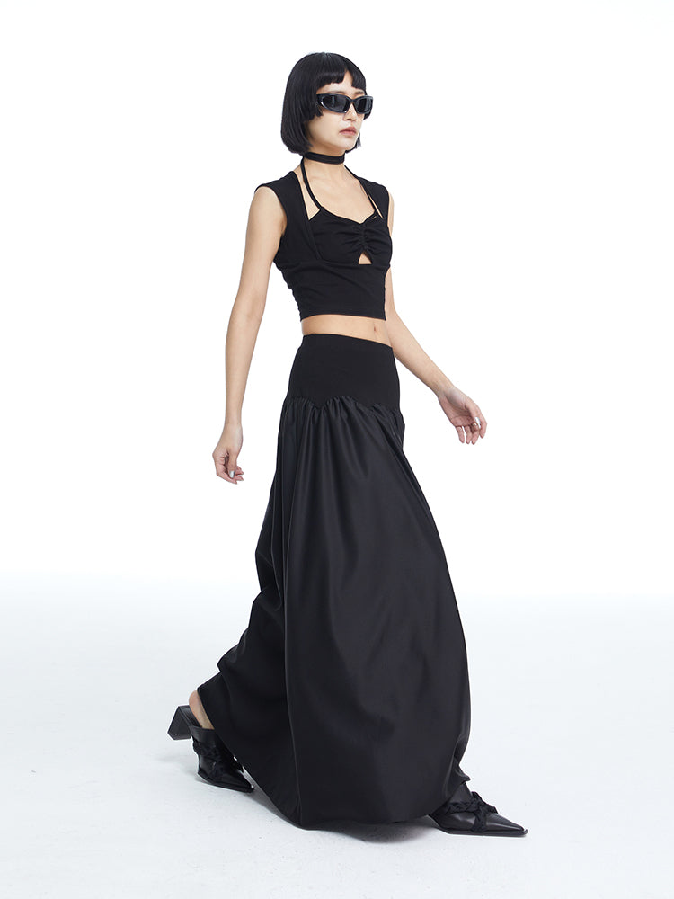 2way Plain Flare Bare-tops Long-Skirt