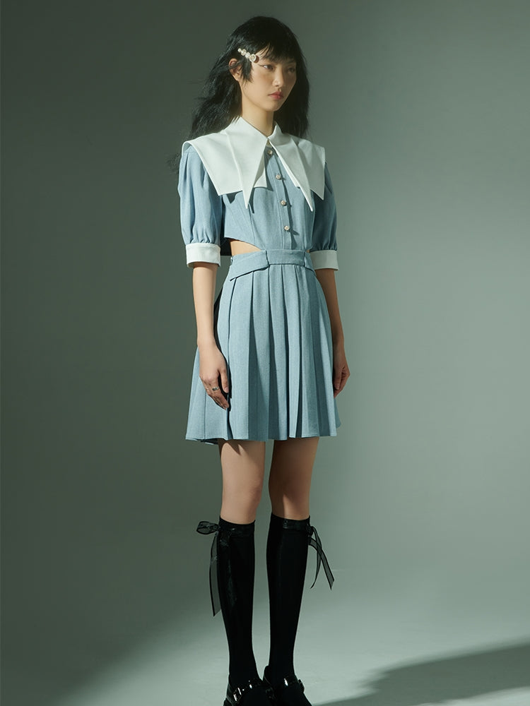 Side-cut Double-collar Pleats One-piece