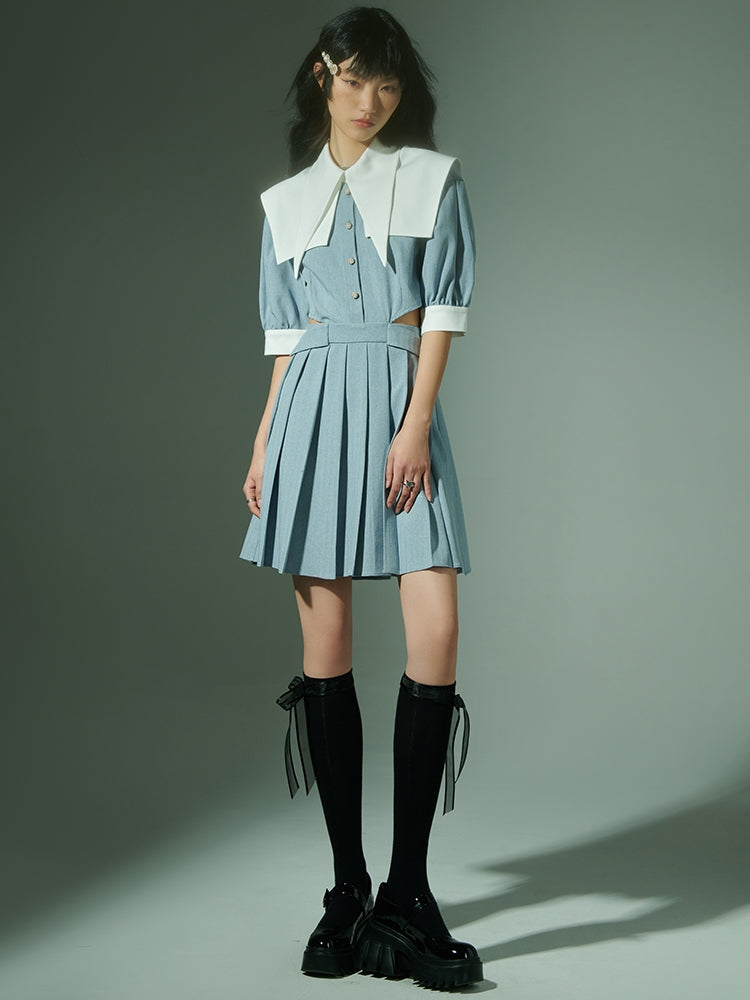 Side-cut Double-collar Pleats One-piece