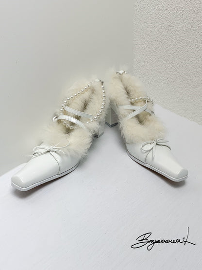 Fur Party Pearl Ribbon Chunky-heel Elegant Pumps