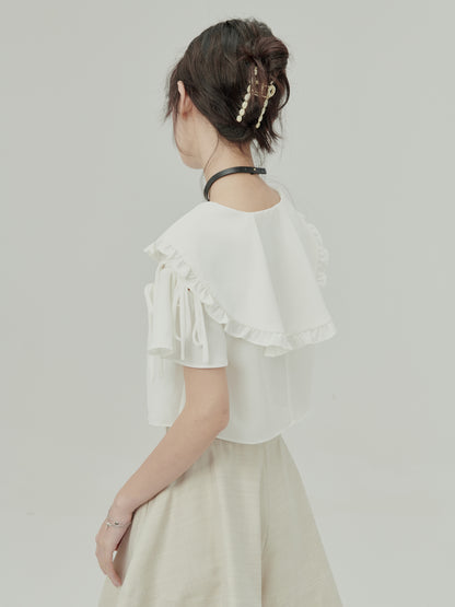 Ruffle Short Flare-sleeve Frill-collar Blouse