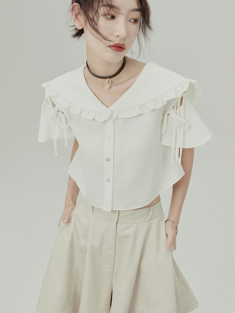 Ruffle Short Flare-sleeve Frill-collar Blouse