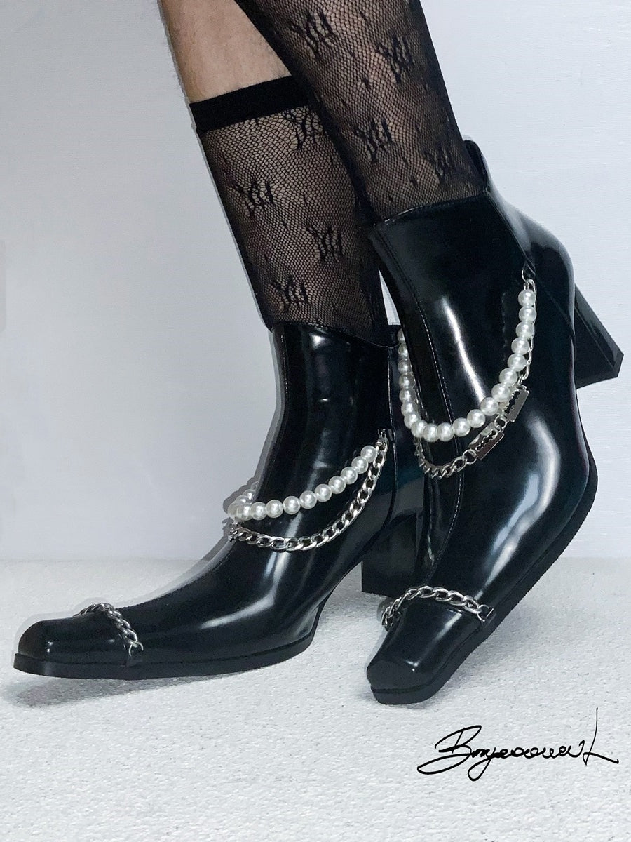 Leather Pearl Chain Nichi Chunky-heel Short-boots