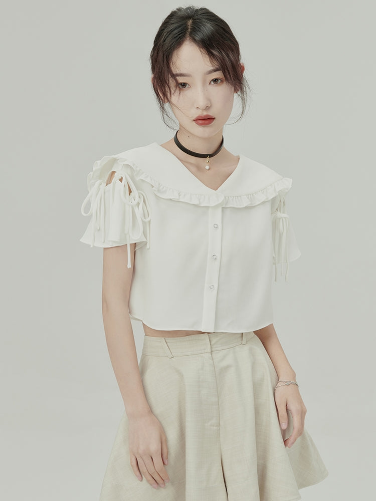 Ruffle Short Flare-Sleeve Frill-Collar Blouse