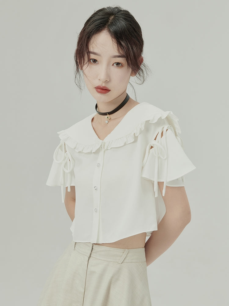 Ruffle Short Flare-sleeve Frill-collar Blouse