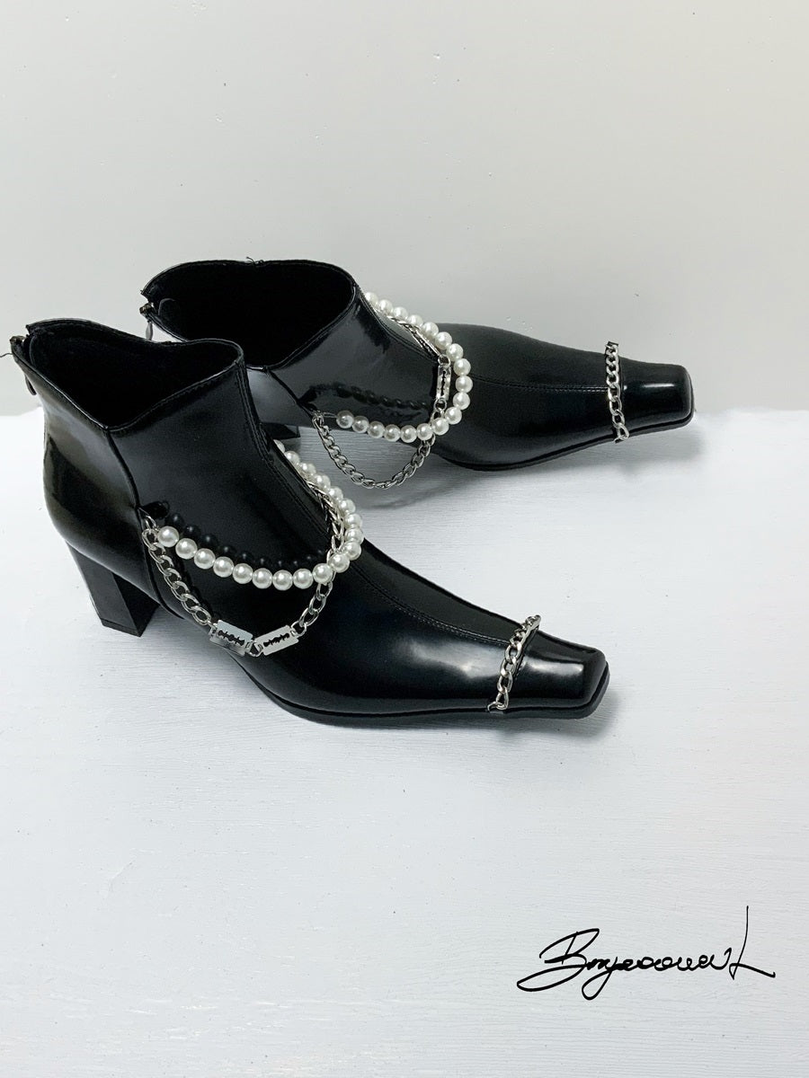 Leather Pearl Chain nichi Chunky-Heelt-Boots