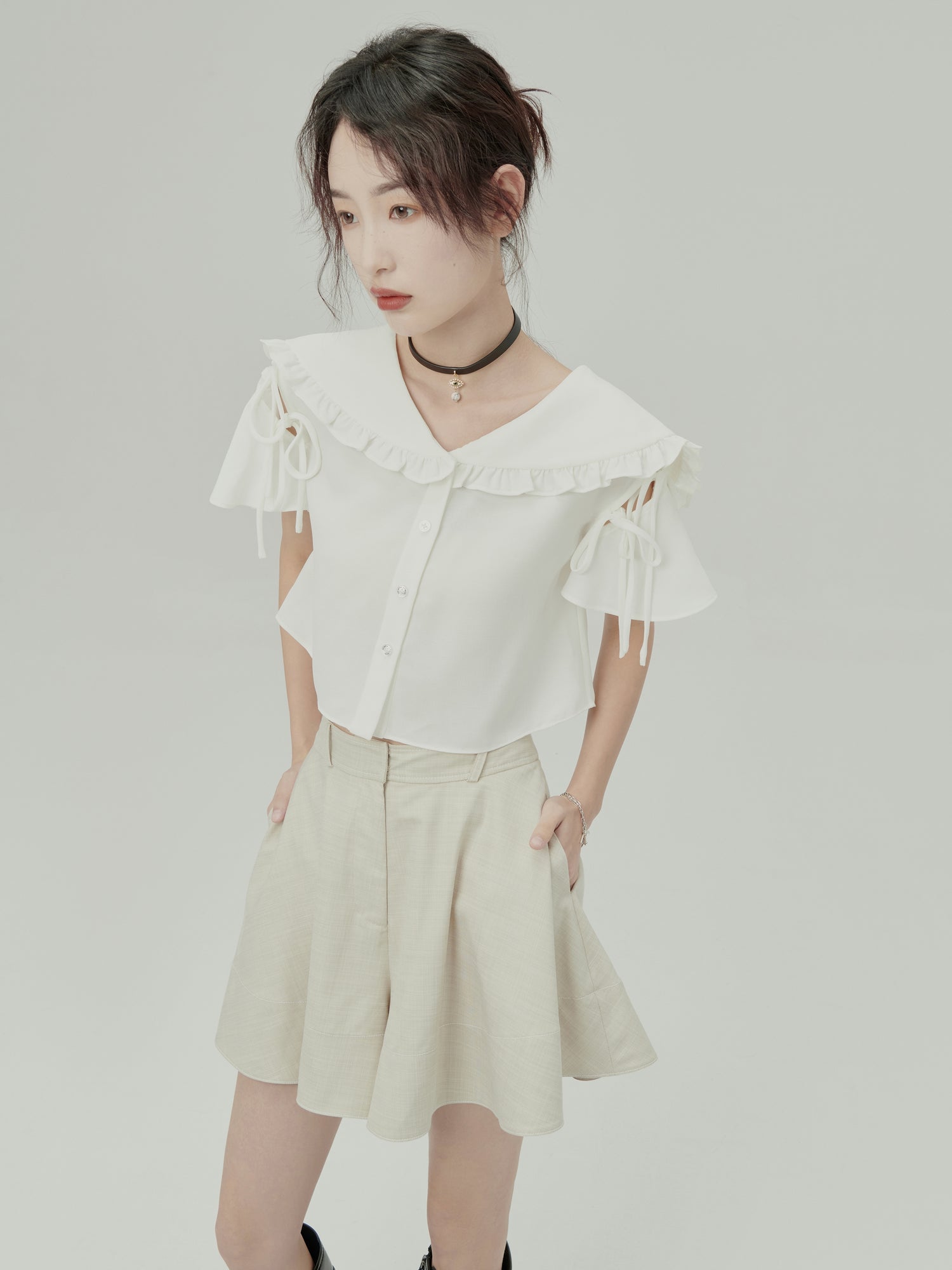 Ruffle Short Flare-Sleeve Frill-Collar Blouse