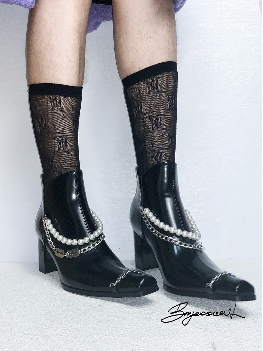 Leather Pearl Chain Nichi Chunky-heel Short-boots