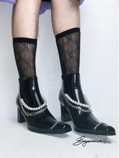 Leather Pearl Chain nichi Chunky-Heelt-Boots