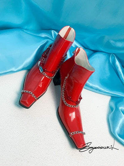 Pointed-Toe Chain Beads Chunky-Heel Short-Boots