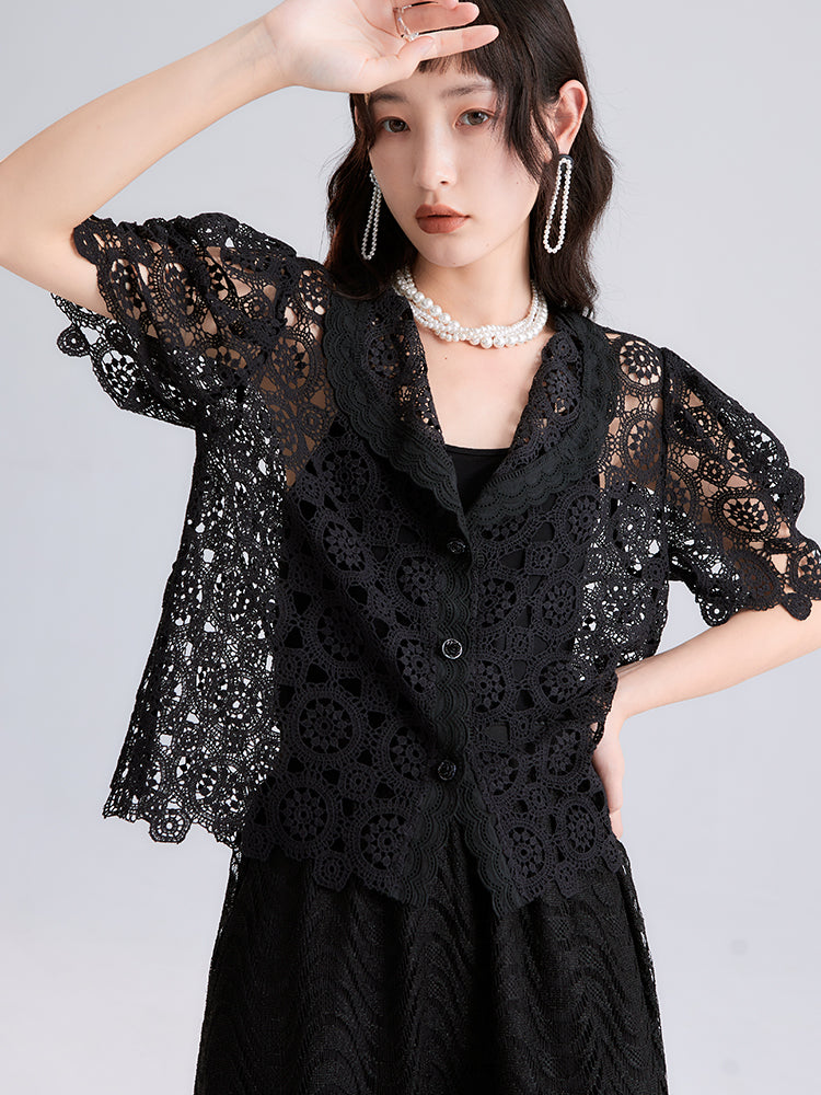 ARABESQUE PUFF-SLEEVE LACE CARDIGAN