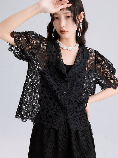 Arabesque Puff-Sleeve Lace Cardigan