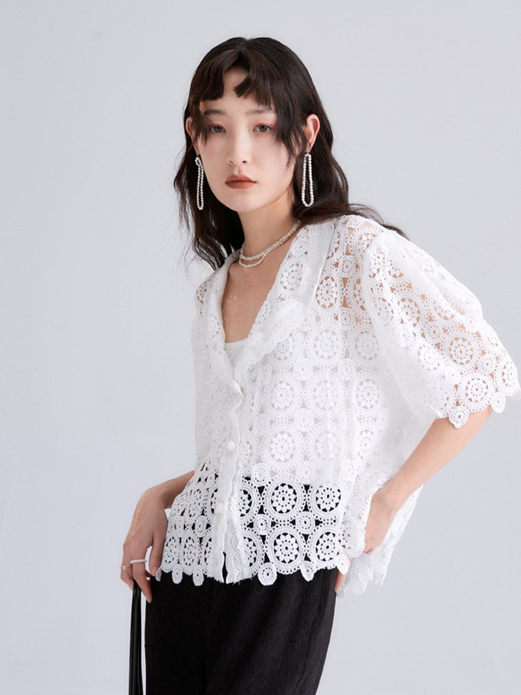 ARABESQUE PUFF-SLEEVE LACE CARDIGAN