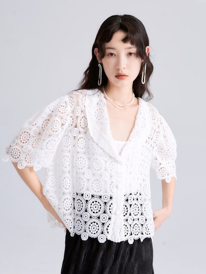 Arabesque Puff-Sleeve Lace Cardigan