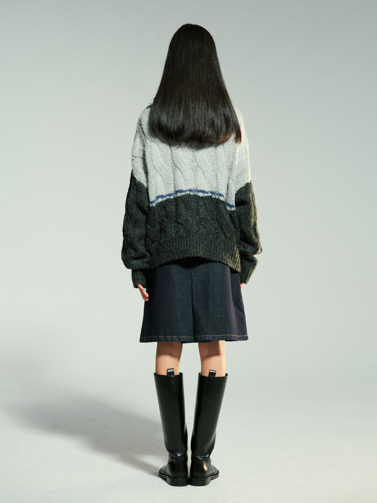 Bi-Color Zip Loose Cable-Knit