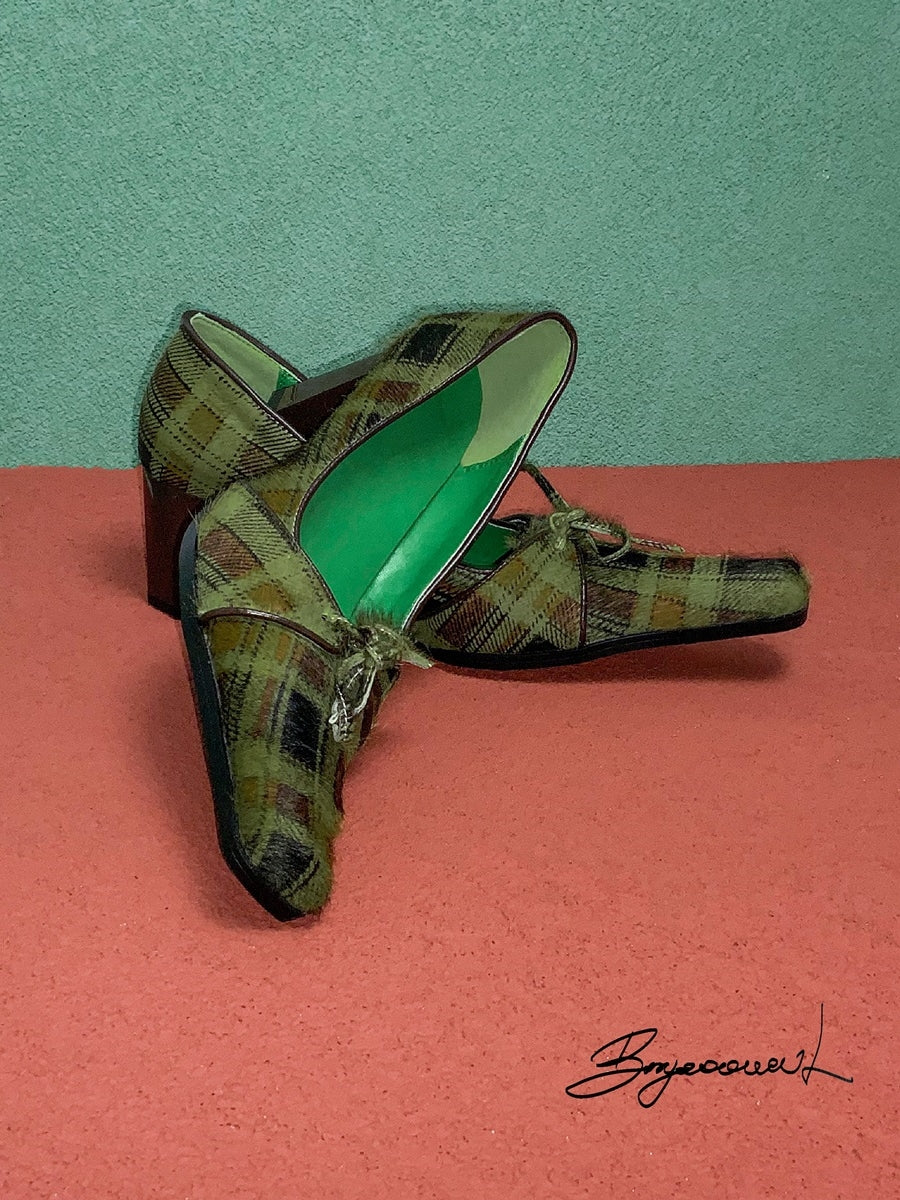 Plaid Retro Tweed Chunky Heel Pumps