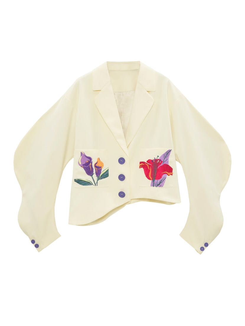 Flower Embroidery Arc-Sleeed Suit Jacket