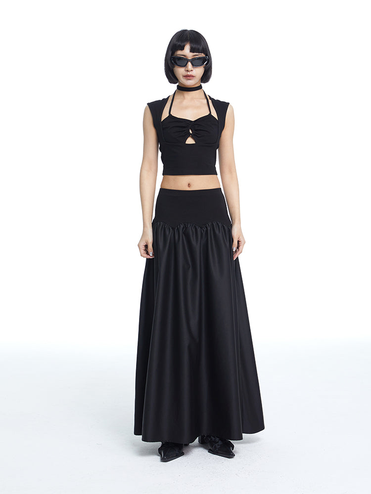 2way Plain Flare Bare-Tops Long-Skirt