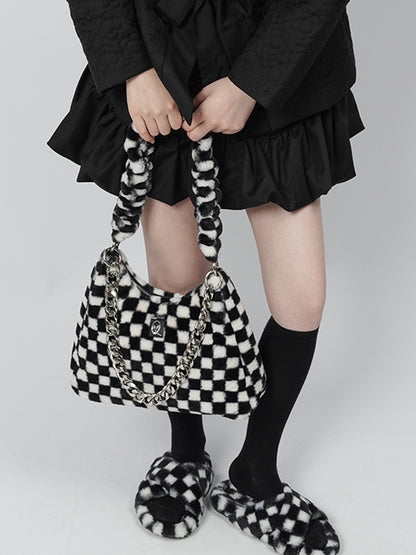 Checkerboard Plaid Chain Shoulder Fur Bag