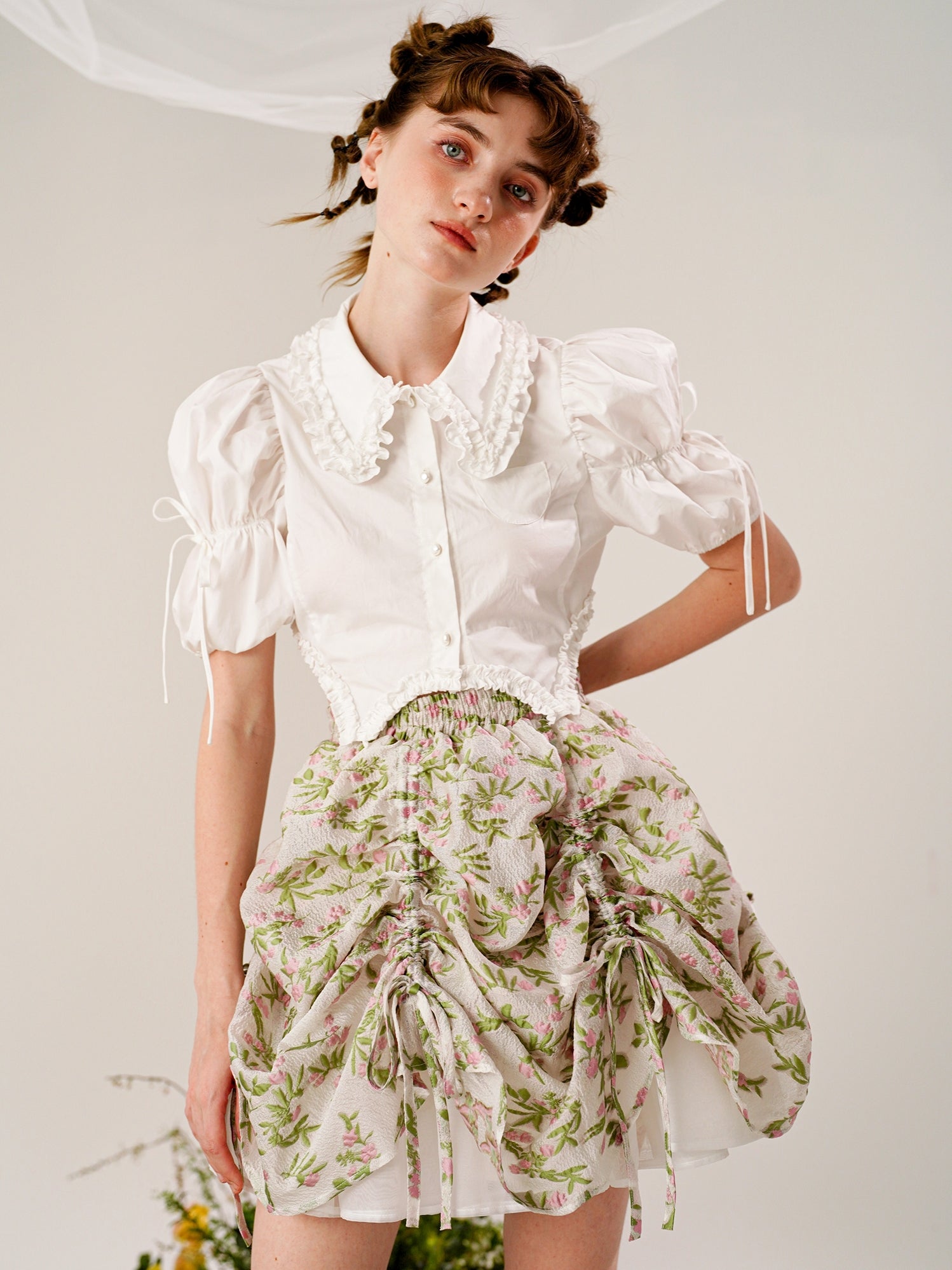 Tutu Floral Drawstring Irregular Puff Skirt