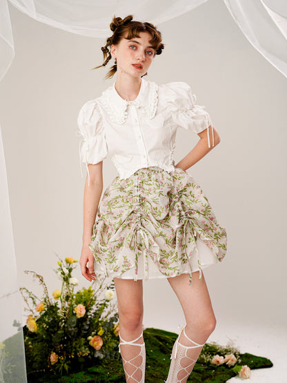 Tutu Floral Drawstring Irregular Puff Skirt