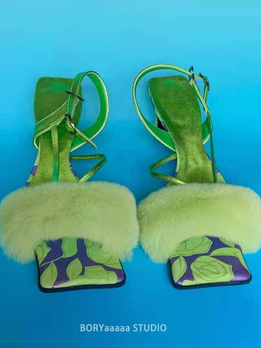 Flower Fur Square-toe Low-heel Fashionable Sandal