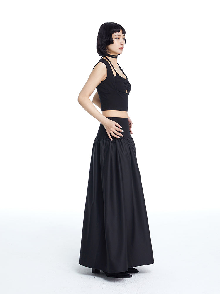 2way Plain Flare Bare-tops Long-Skirt