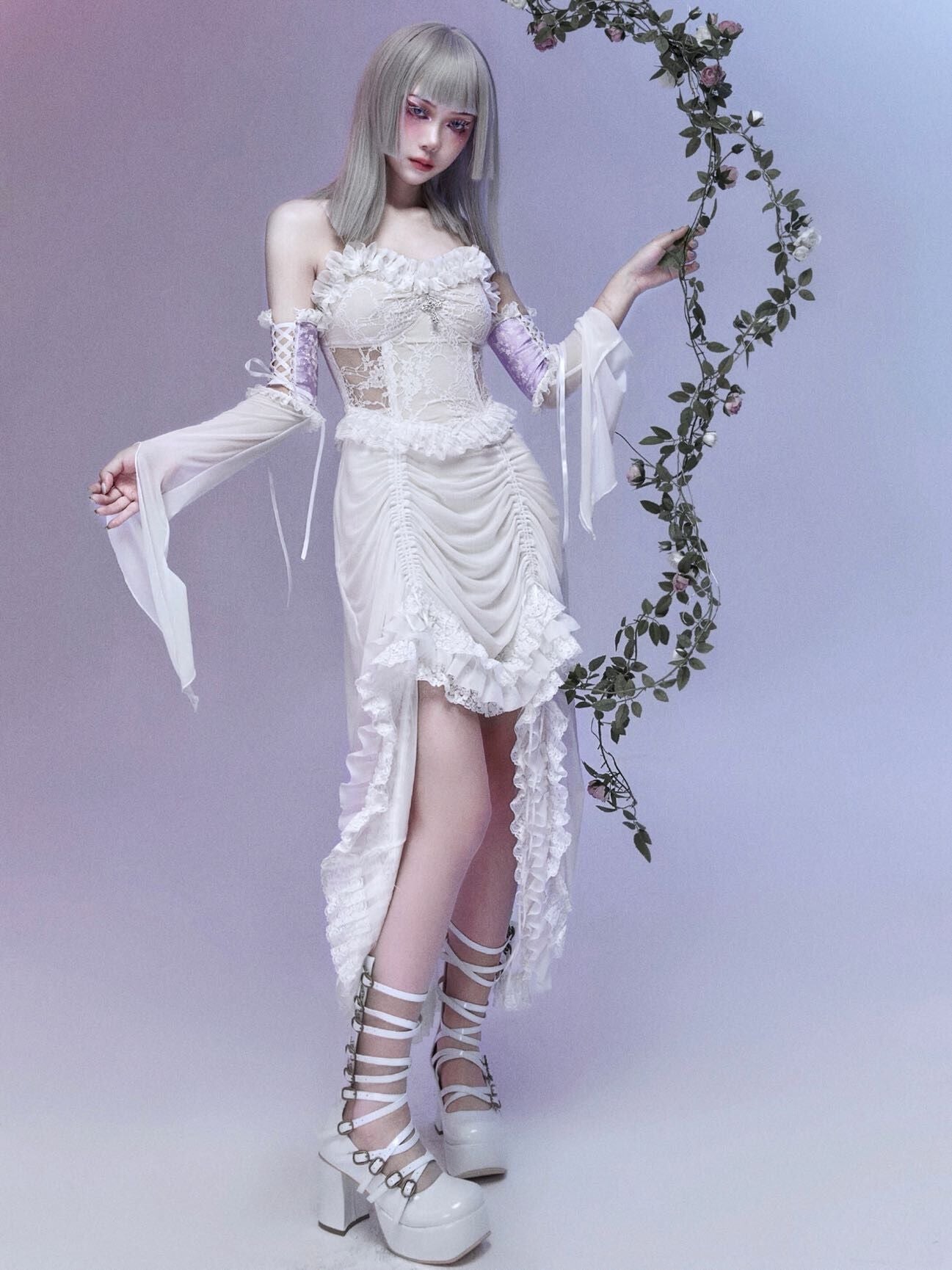 Gothic Princess Lace Gather Frill One-Piece Dress