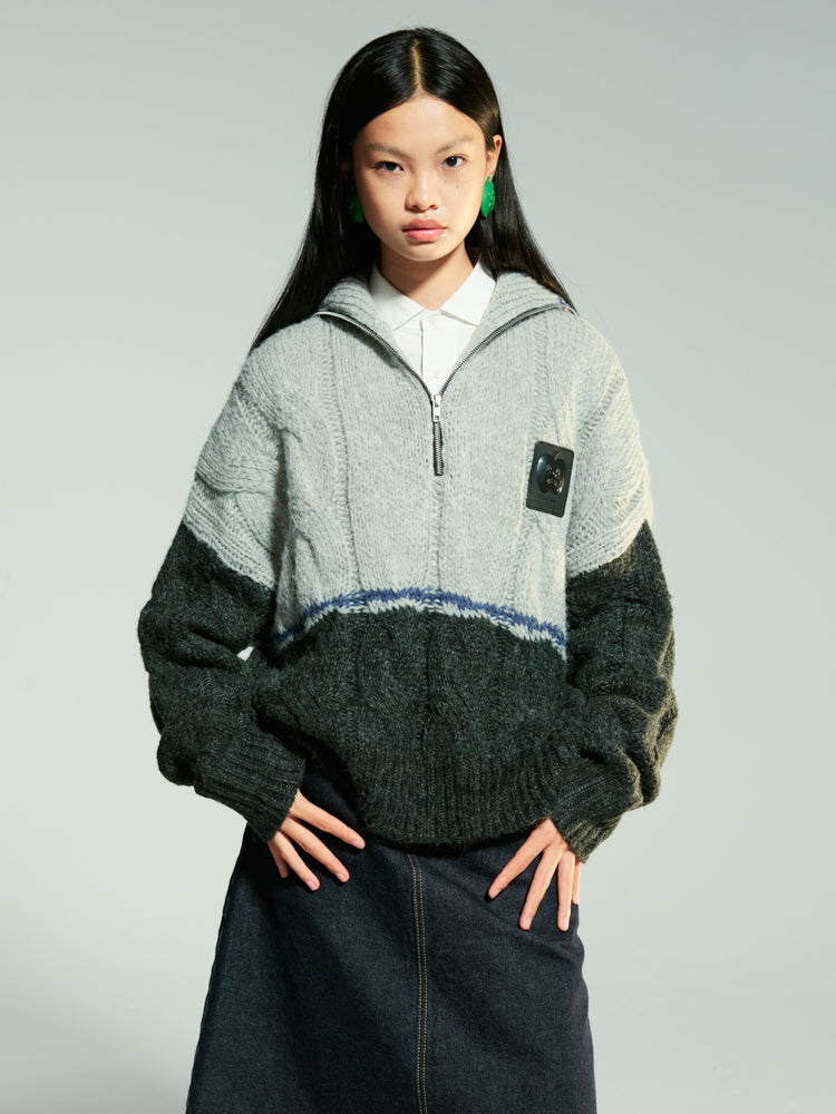 Bi-Color Zip Loose Cable-Knit