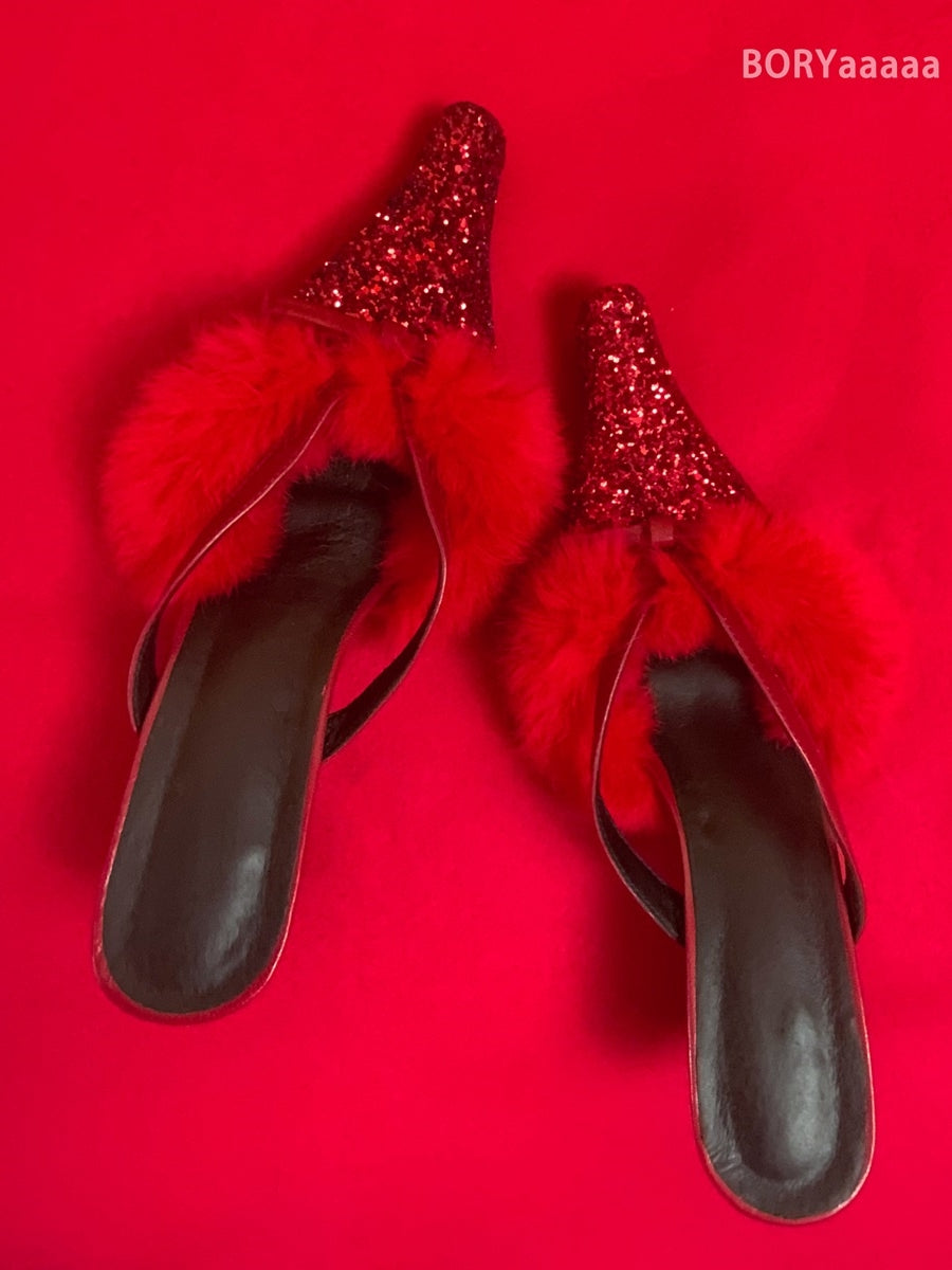 Flare-heel Fur Elegant Glitter Mule