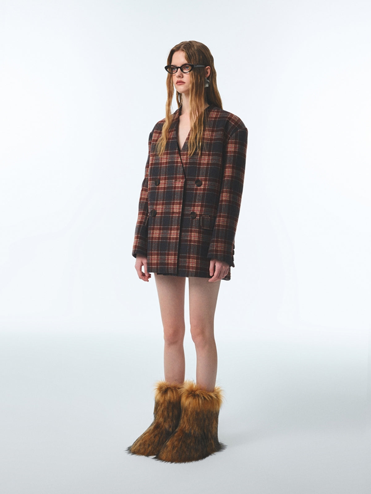 OVERSIZE CHECKED NO-COLLAR RETRO JACKET