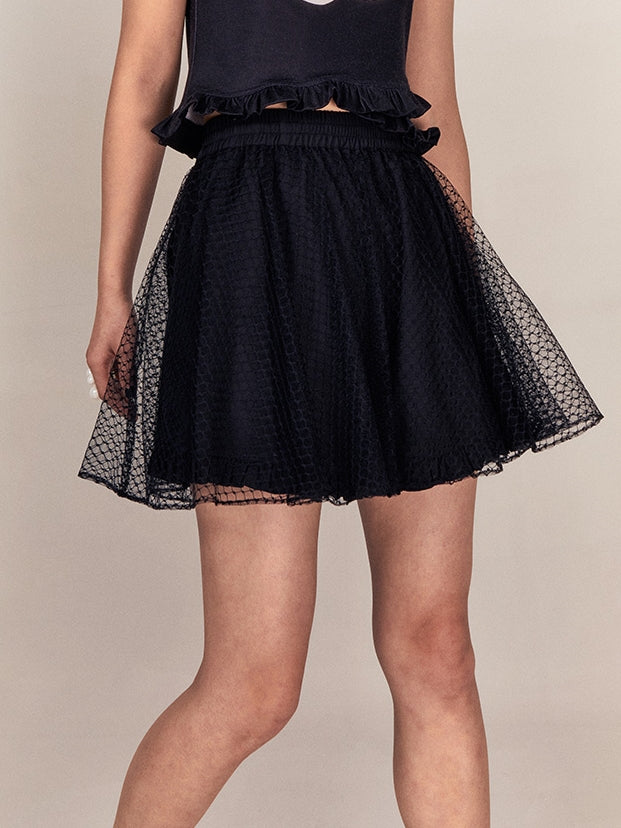 Mesh High-waist Flare Short Skirt